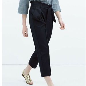 ZARA Navy Paper Bag Waist tie Style Pleated Trousers